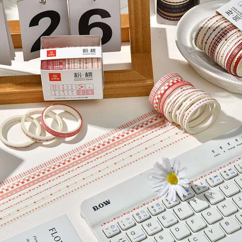 เทป Washi ขนาดเล็ก10ม้วนอุปกรณ์การเรียนเทปกาวตกแต่งพื้นฐานเครื่องเขียนกระดาษกาวตกแต่งไดอารี่