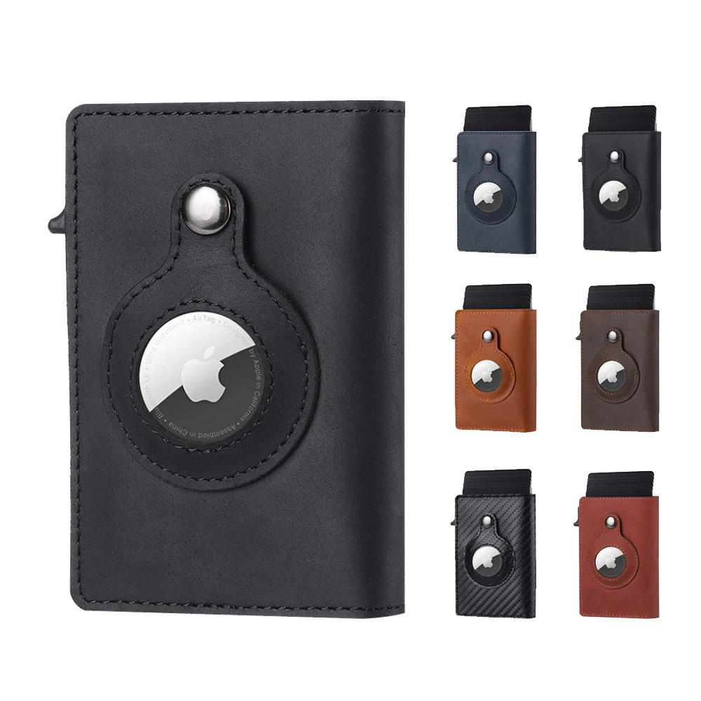 CASEKEY, billetera Airtag inteligente de cuero de vaca para hombre, RFID Crazy Horse, cierre magnético de cuero Premium, tarjetero con etiqueta de aire de crédito emergente