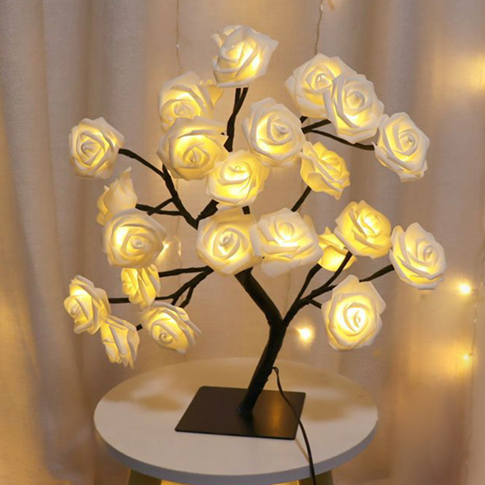 Lâmpada de mesa led rosa flor árvore usb luzes da noite led luzes de mesa decoração para casa festas ao ar livre casamentos presente decoração do quarto