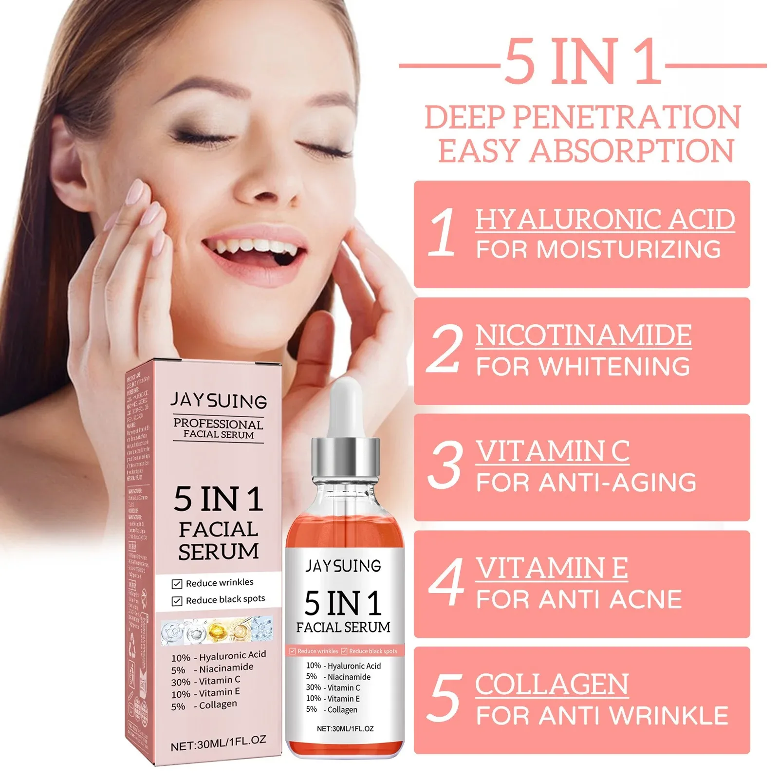 1/2/3pcs 5 In 1 เซรั่ม Fade Fine Lines กระชับผิว Shrink Pore Moisturizing Brightning Hyaluronic Acid Retinol Face Serum