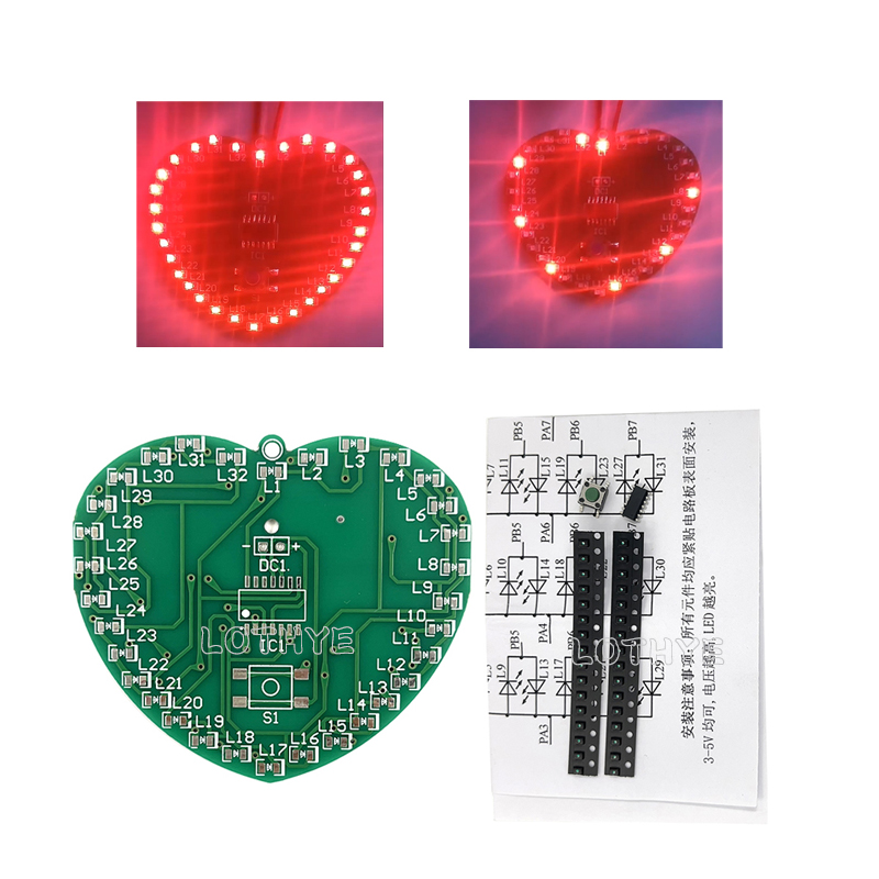 Kit electrónico DIY, 32 LED en forma de corazón, microcontrolador de diodo emisor de luz SMD, Kit de luz intermitente, producción electrónica divertida DIY