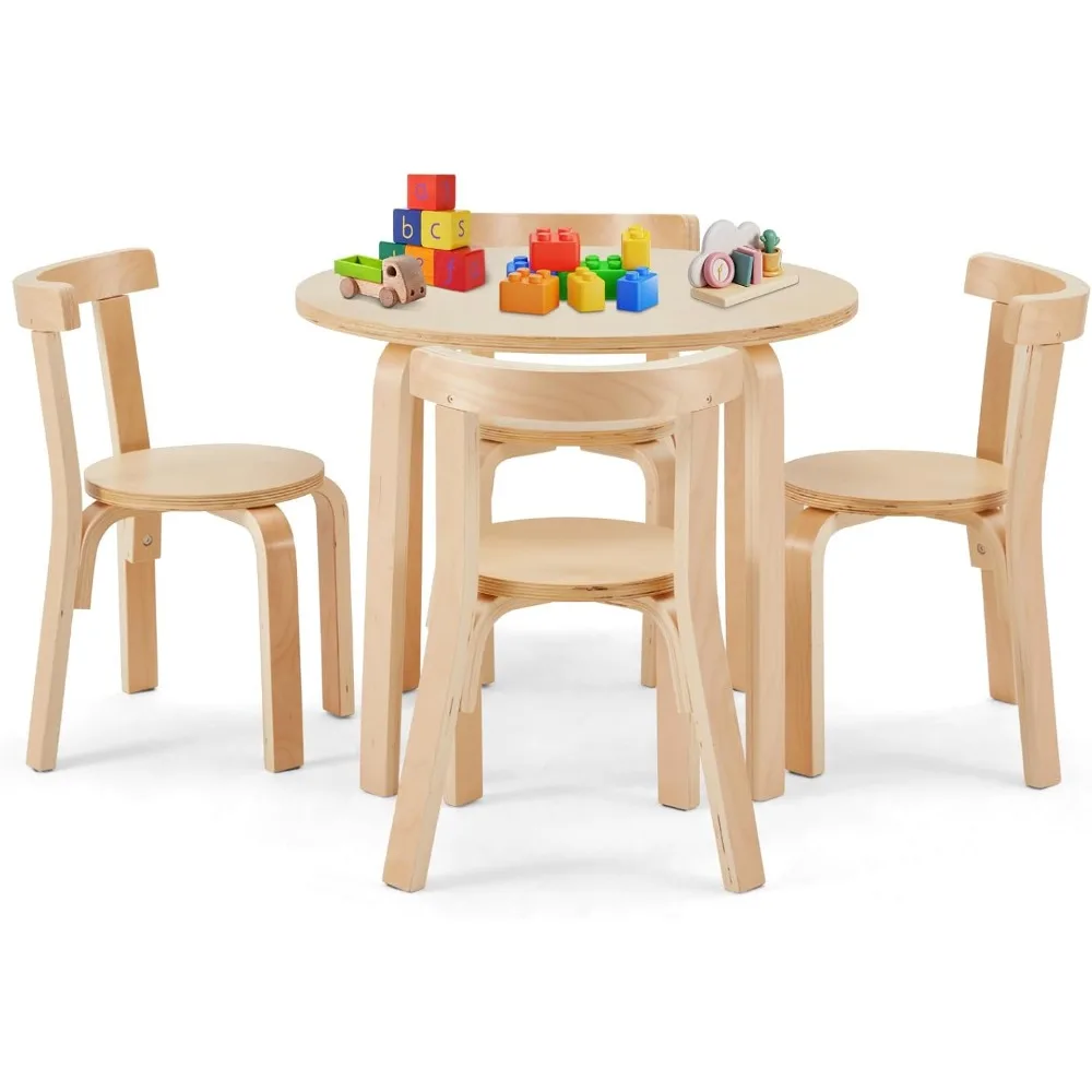 Kids Table and 4 Chairs Set - Round Table and Chair Set for Children, EN71 Certified, Birch Veneer - Wooden Dining Play Set for