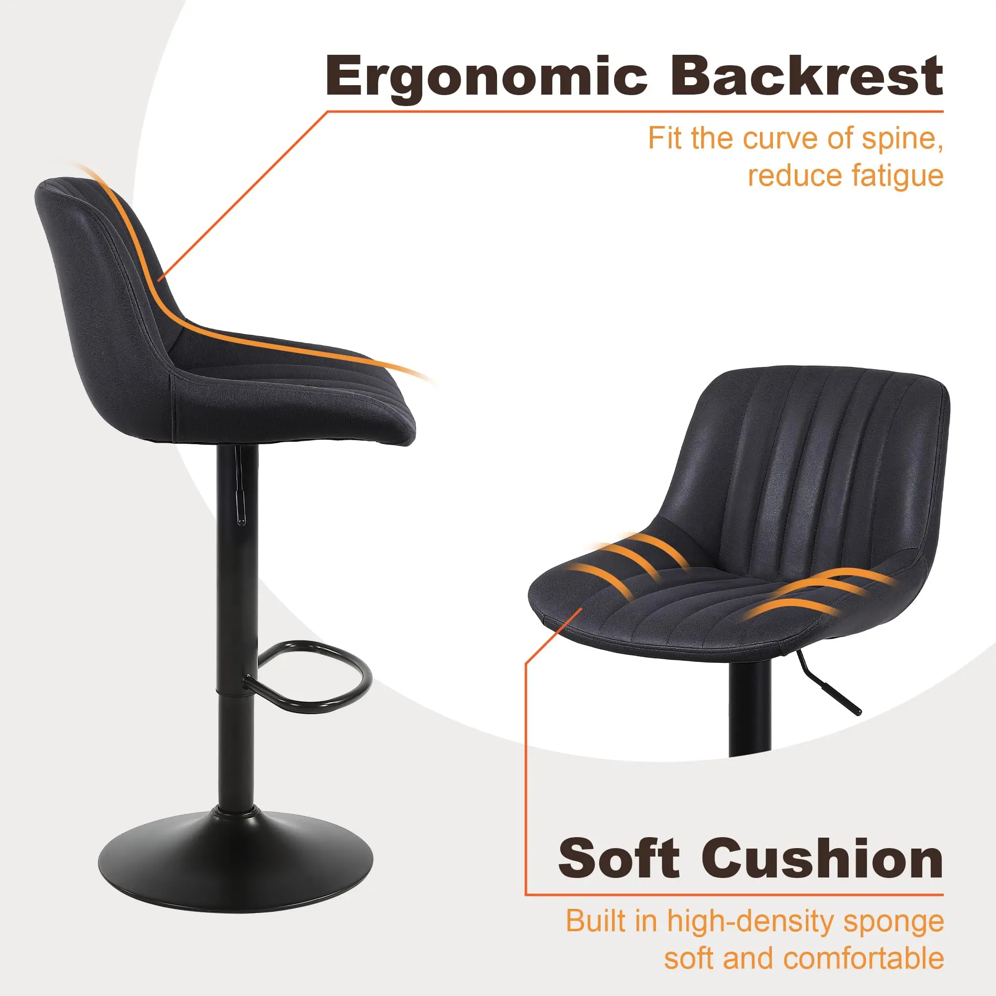 Banco de bar Ralex-chair, bancos de bar giratórios com altura de balcão e encosto, banco de bar ajustável em couro PU, preto