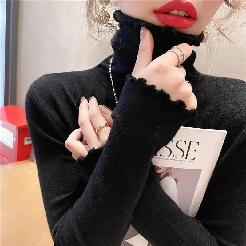 Rimocy dobrável gola alta jumper feminino outono inverno alta elástica cor sólida camisola mulher simples todos os jogos bottoming topo feminino
