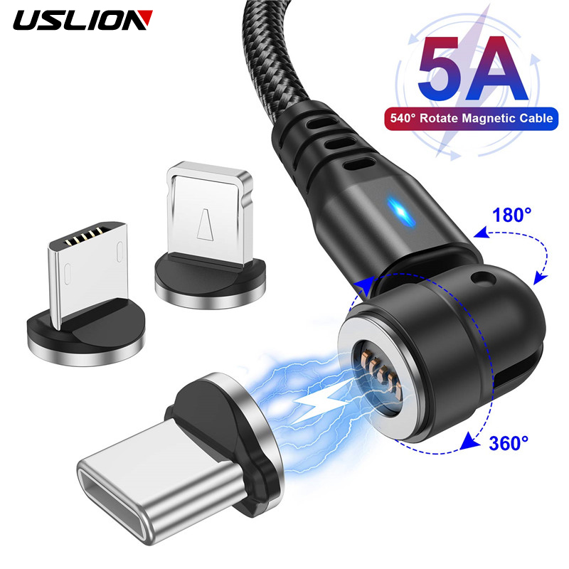 USLION 3 in 1 540 drehen 5A Magnetkabel Schnellladung Micro USB Typ C Kabel für iPhone Xiaomi Magnet Ladegerät Draht USB-Kabel
