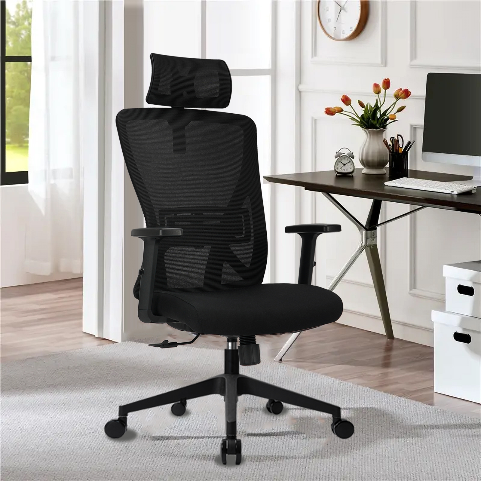 Durafy Ergonomischer Bürostuhl, verstellbare Kopfstütze, Armlehnen, Lordosenstütze, höhenverstellbar, Neigungsfunktion, Tragfähigkeit 150 kg