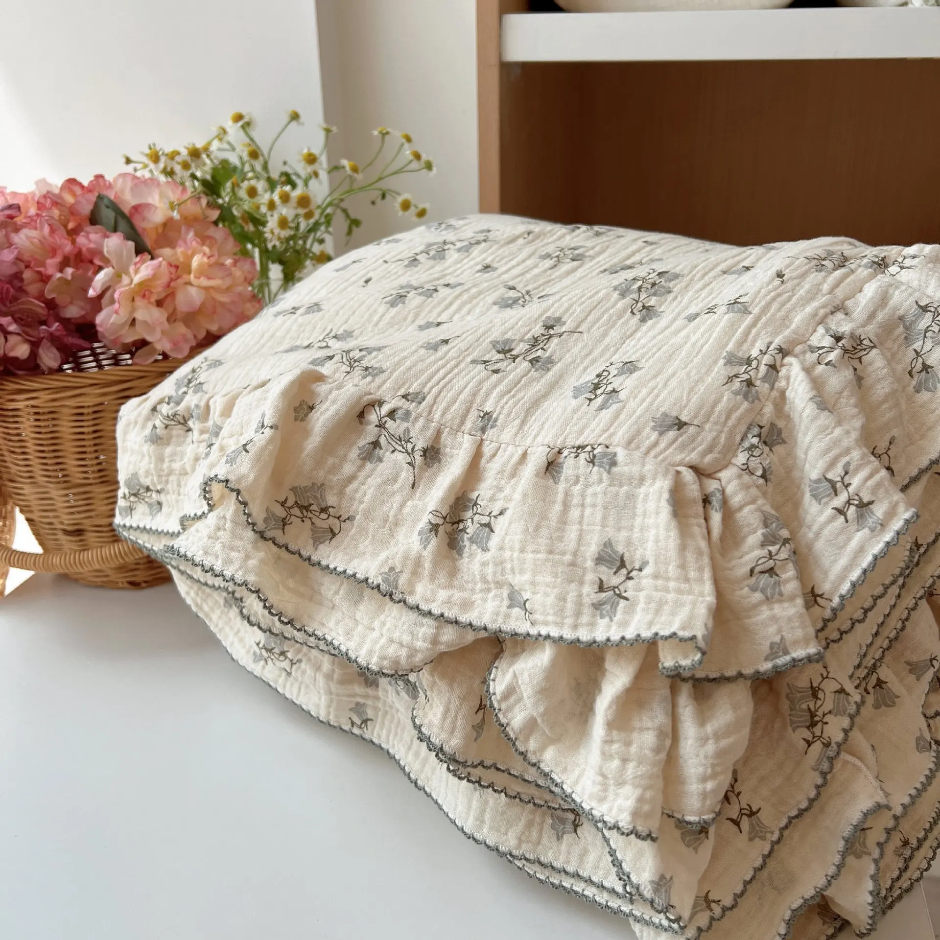 Manta de algodón para bebé, colcha de Camelia, muselina azul, colcha para verano, colcha Floral para bebé