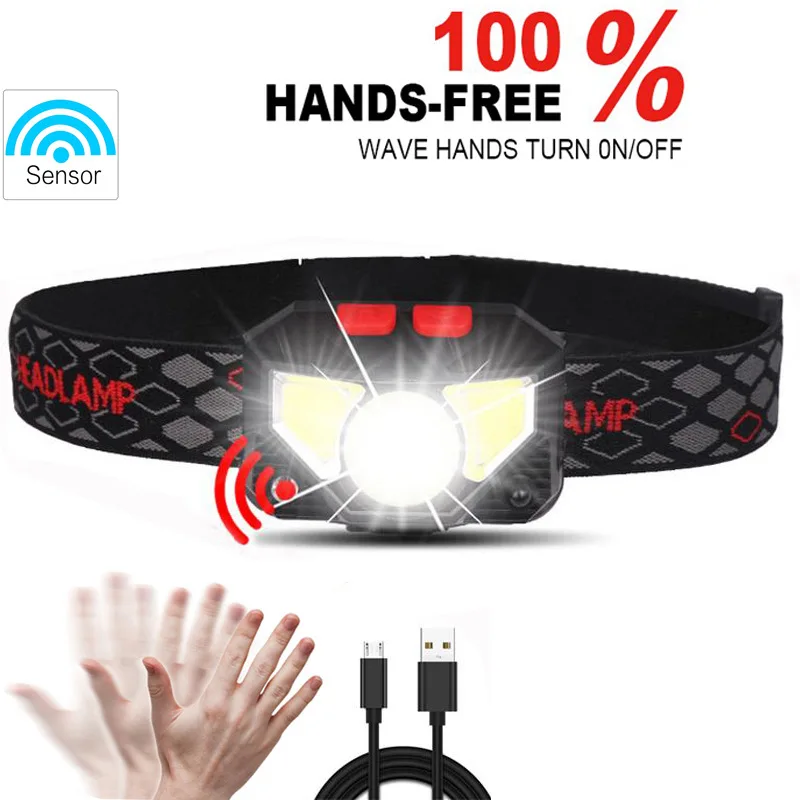 Linterna frontal LED XPE + COB con Sensor de movimiento, 6 modos, recargable por USB, resistente al agua, para acampar, correr, pescar