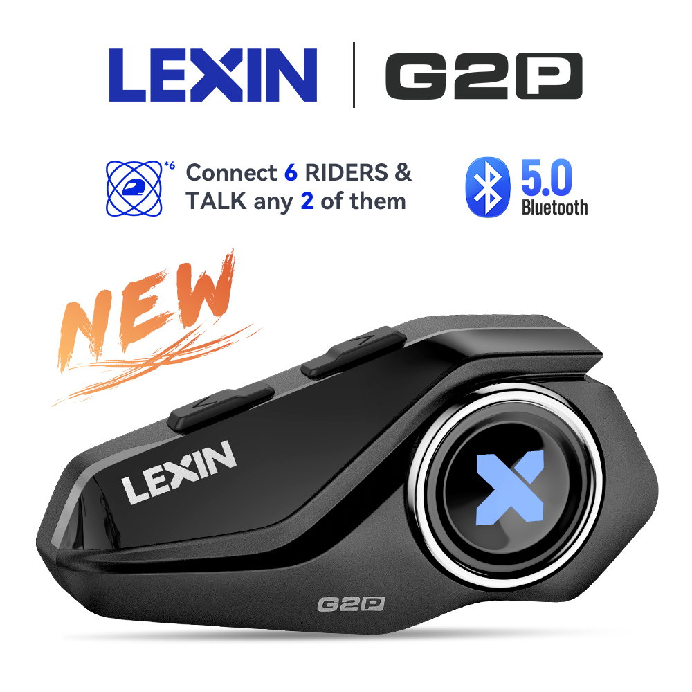 2023 Neue Lexin G2P-Gegensprechanlage für Motorradhelm-Bluetooth-Headsets, Freisprech-Kommunikator für bis zu 6 Fahrer, Gegensprechanlage mit FM