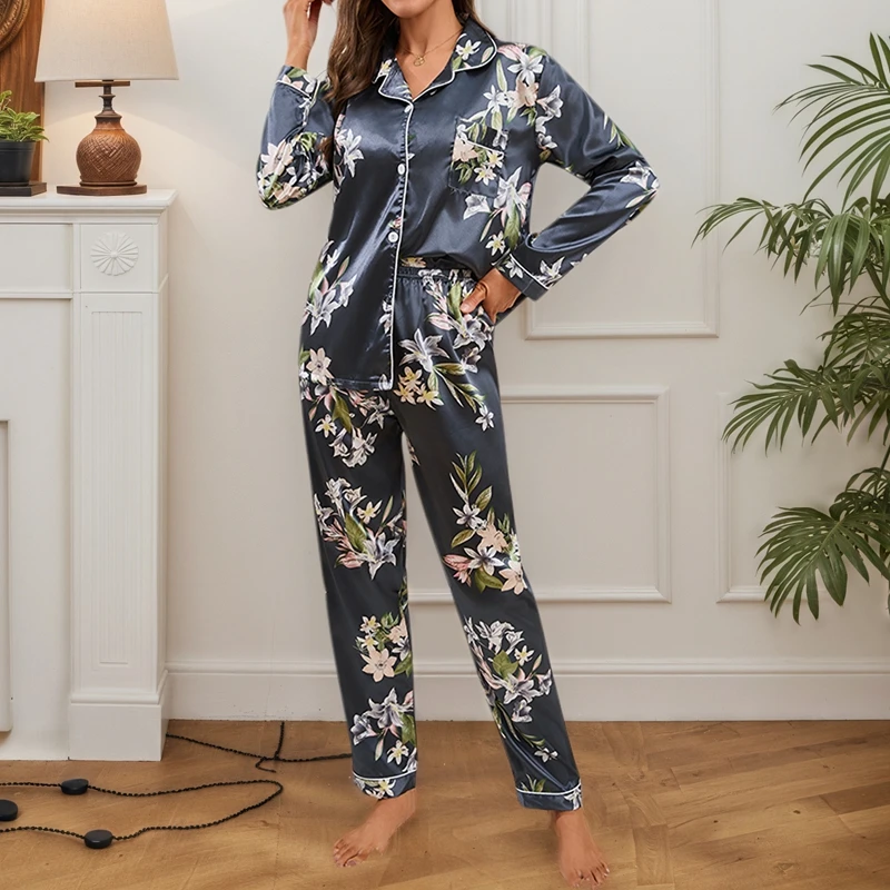 Elegante conjunto de pijama de seda com estampa de lírio, manga longa, bolso no peito, lapela, top e calça elástica, roupa de dormir feminina, outono confortável
