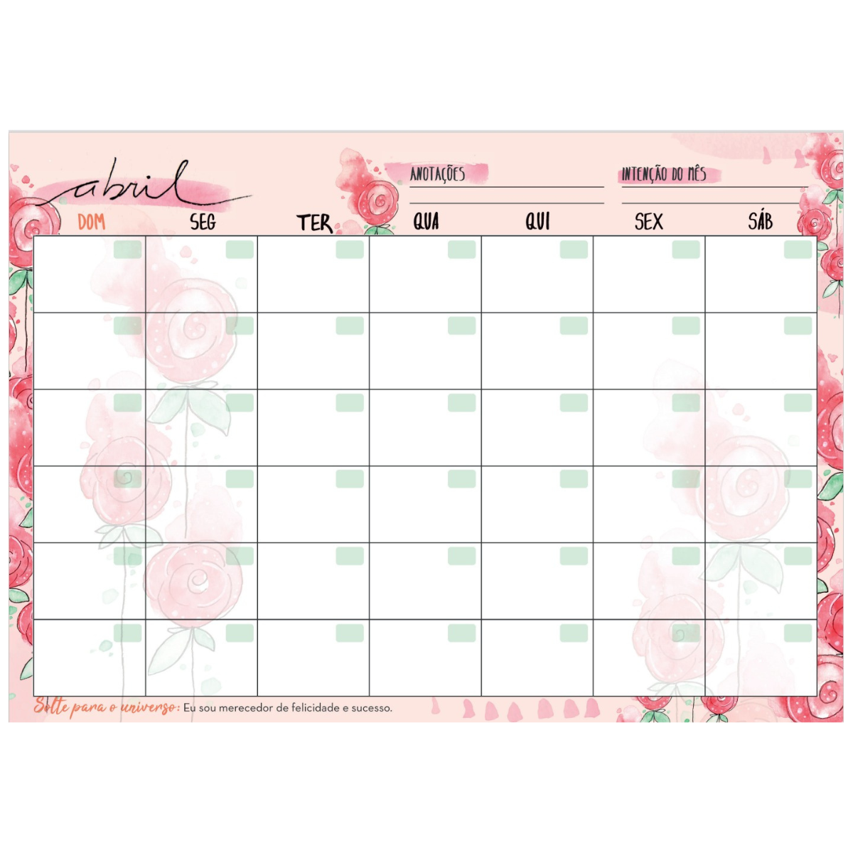 Planner Calendário Mensal Aquarela A4 Lateral 15 Folhas