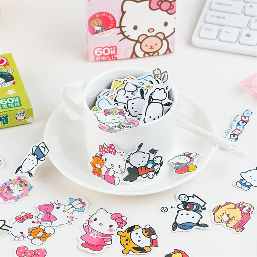 60 pçs olá kitty kuromi cinnamoroll pochacco adesivos para crianças meninas diy portátil telefone diário bonito dos desenhos animados sanrio adesivo