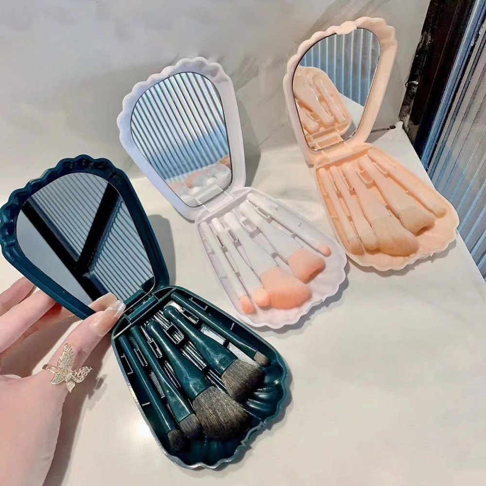 Mini Makeup Brush Set with Mirror Portable Makeup Brush Set, Shell Portable Travel Makeup Brush Set 5 Sizes Brush Mini Complete