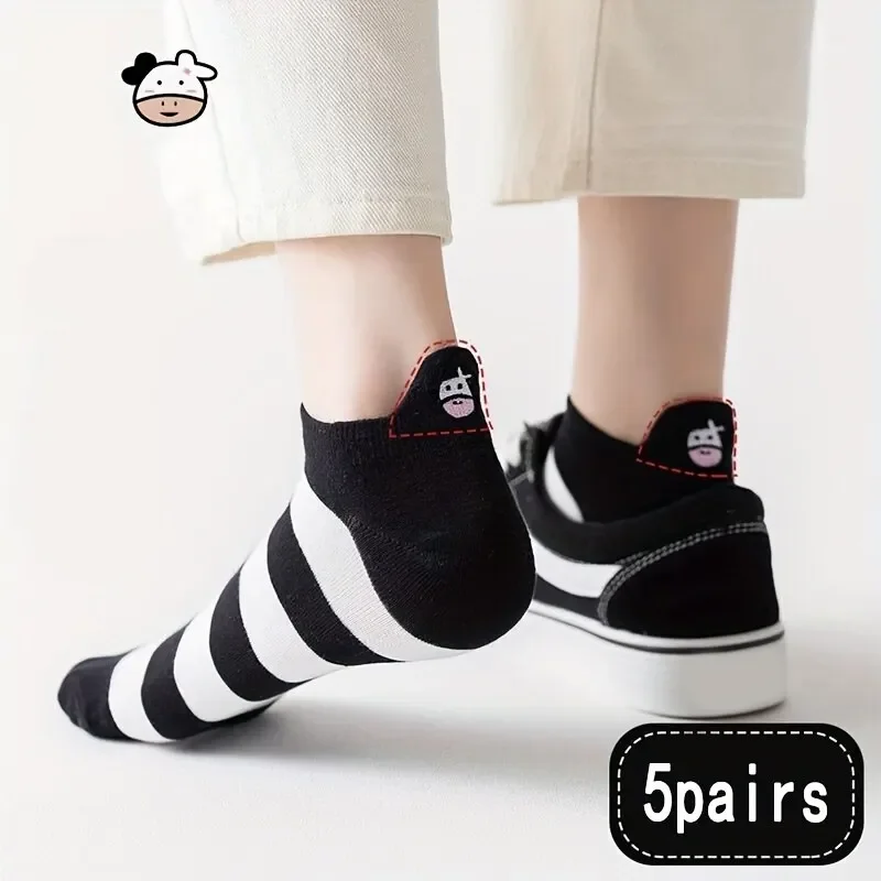 5 pares de calcetines para mujer, calcetines cortos con estampado de vaca encantadora, calcetines con estampado creativo, calcetines tobilleros