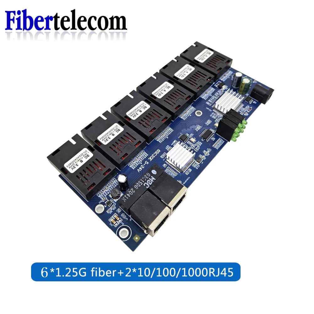 Convertitore switch multimediale in fibra ottica Ethernet 100/1000M Gigabit 6 * Porta in fibra 2 * Porta RJ45 FTTH Switch monomodale Scheda PCBA in fibra