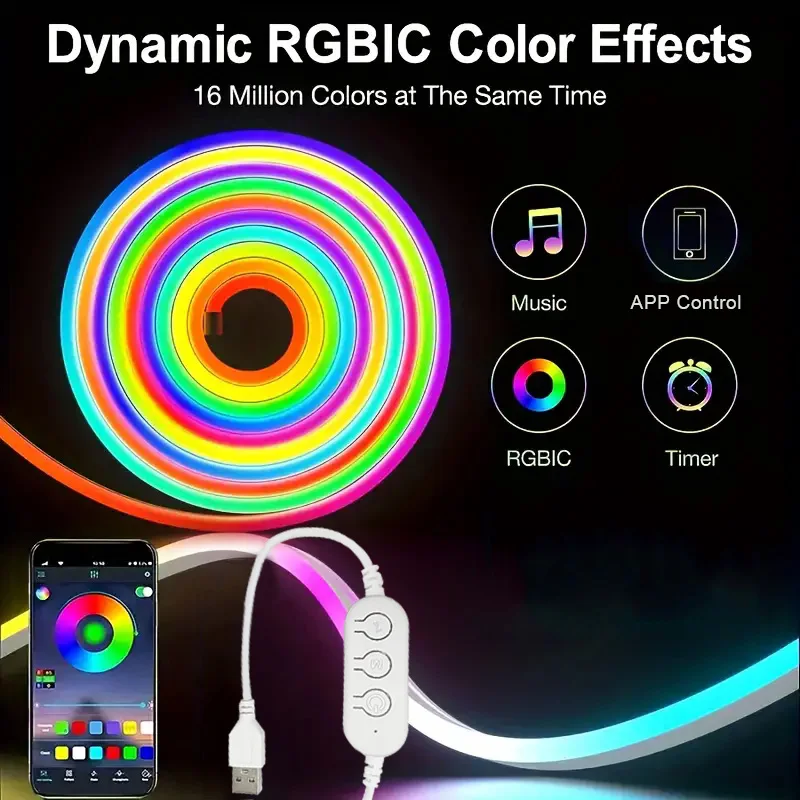 Tira de luces LED de neón RGBIC, 1M, 2M, 3M, 5M, Bluetooth, Control por aplicación, USB, luces LED de neón flexibles e impermeables para juegos, decoración del hogar