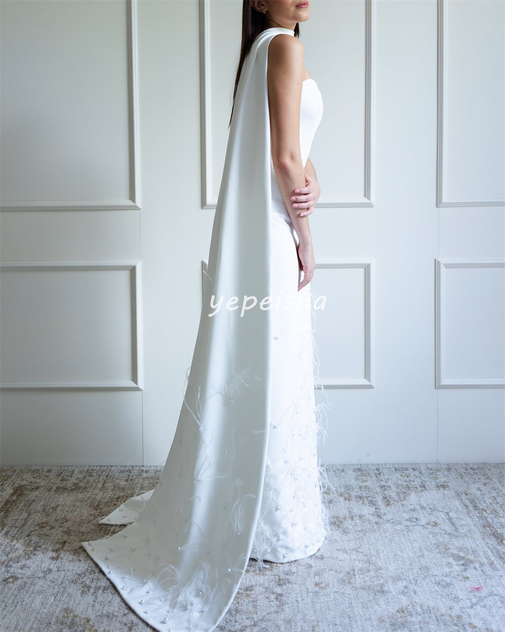 Personalizado formal casual jérsei pena strass em linha reta sem alças vestidos longos sob medida vestidos de ocasião clássico estilo moderno