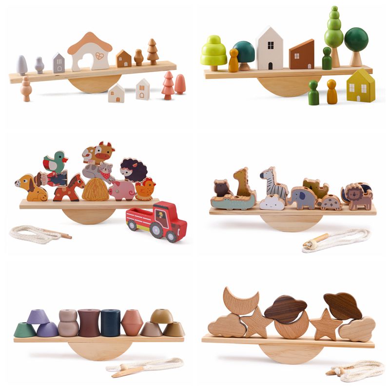 Tablero de equilibrio de animales de madera para bebé, juguetes para enhebrar, balancín de madera, juguetes apilables, bloques, juegos de mesa, regalos educativos Montessori para bebé
