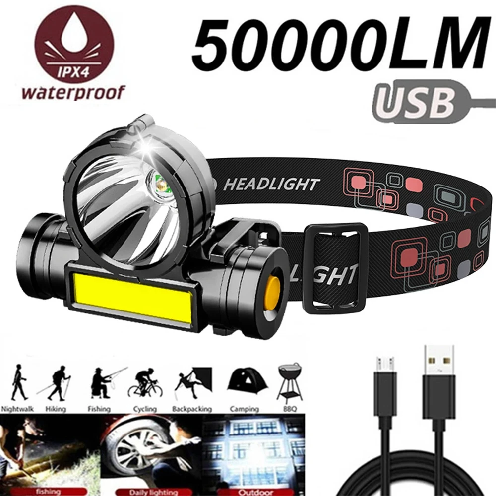 Potente linterna frontal LED, linterna portátil recargable por USB, linterna impermeable para Camping, cabeza de pesca, luces LED