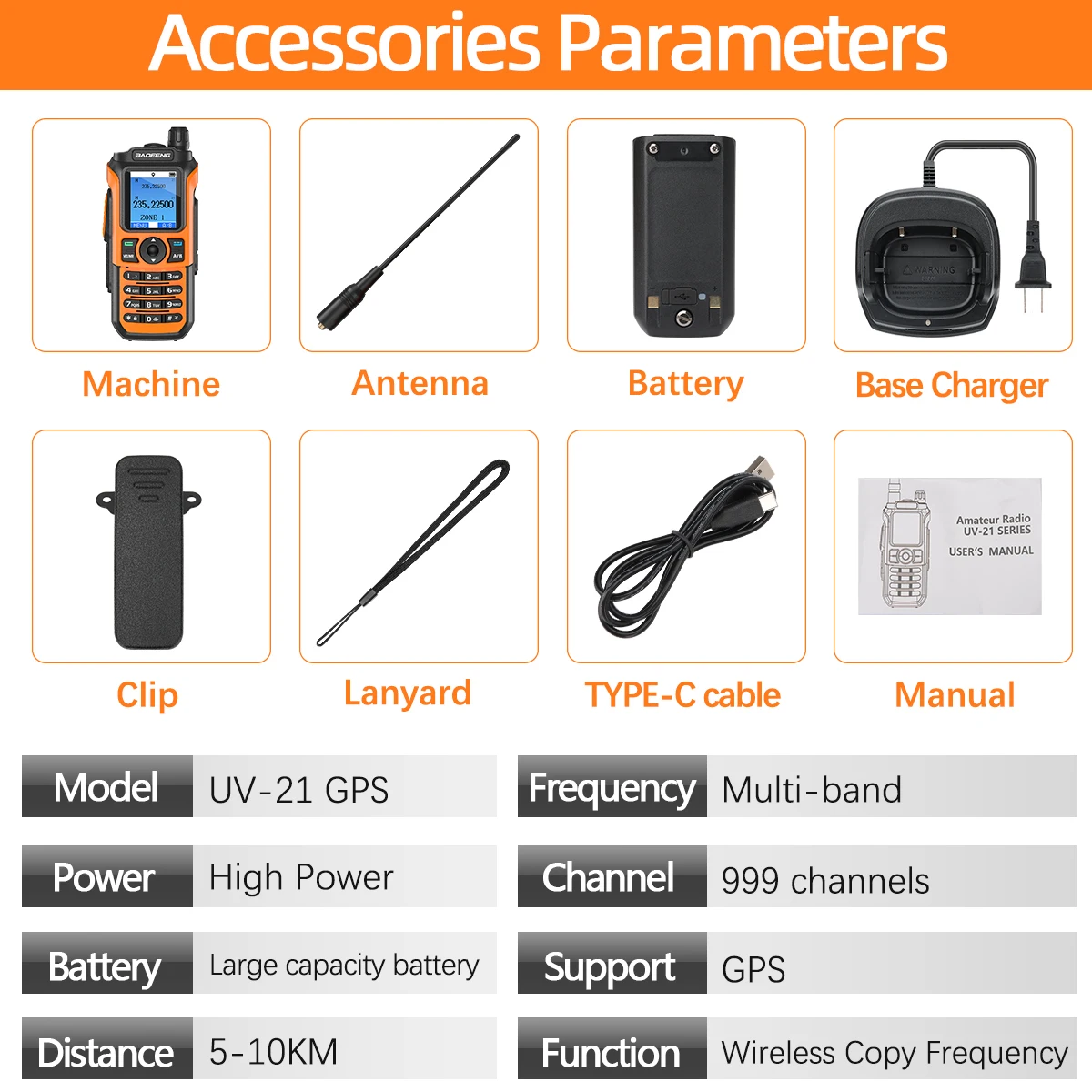 Baofeng UV 21 GPS Air Band Walkie Talkie Wireless Copy Frequency Type-C Charger 999CH FM AM NOAA For UV 5R 17 PRO GPS Ham Radio