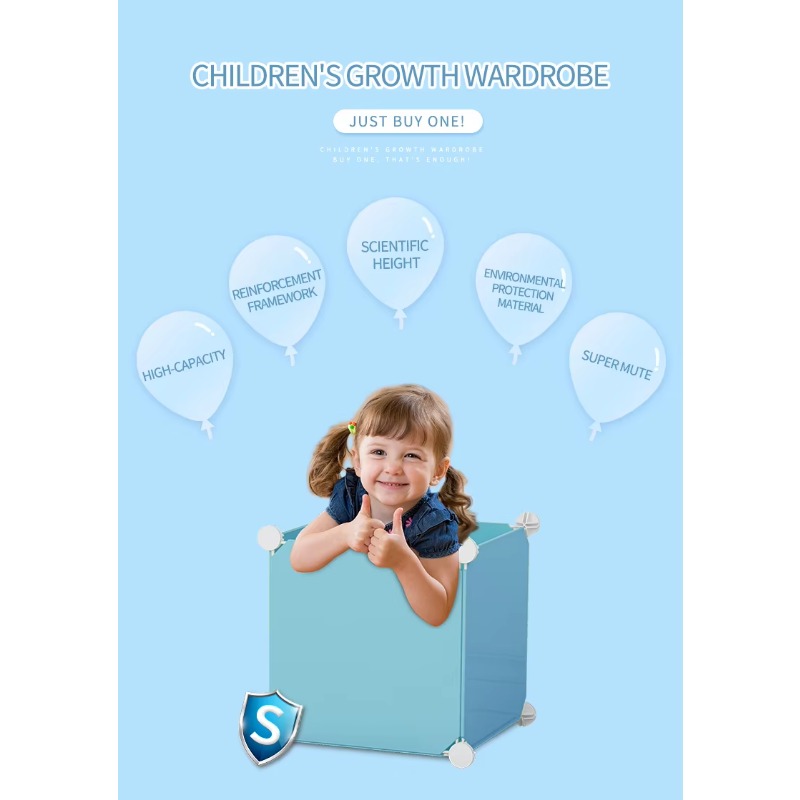 Children modern bedroom wardrobes baby clothes storage cabinet blue with white door portable kid plastic wardrobe