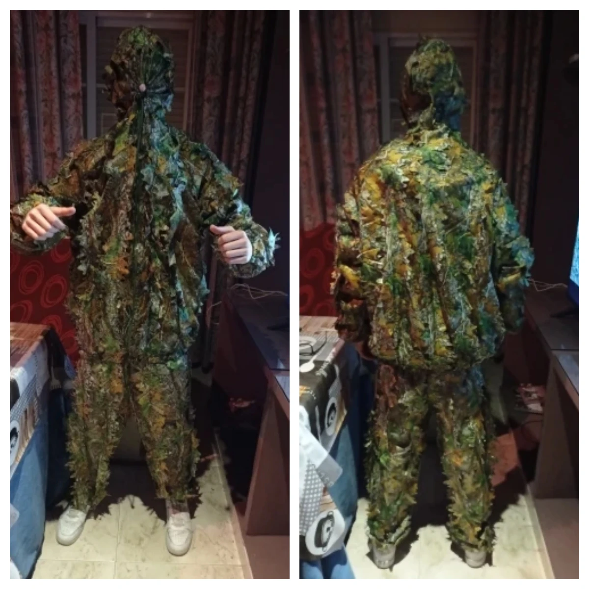 กางเกงเสื้อแขนยาวมีฮู้ดแจ็คเก็ตกลางแจ้งผู้ชายผู้หญิงชุดสูท Ghillie ลายพรางป่า CS ชุดฝึกใบไม้
