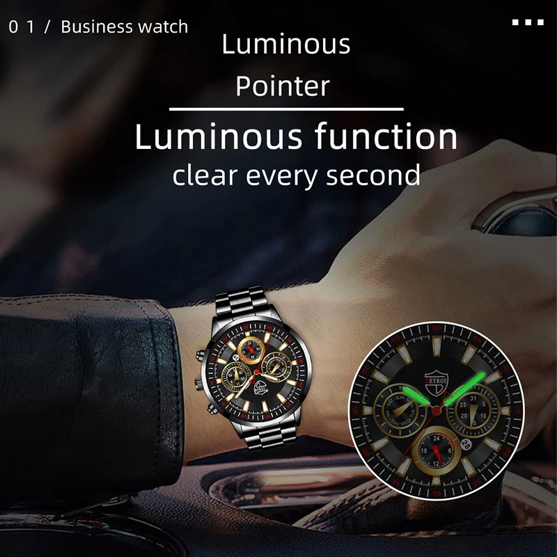 Reloj de pulsera de cuarzo de acero inoxidable para hombre, cronógrafo de pulsera de cuero luminoso con fecha informal, de negocios, a la moda
