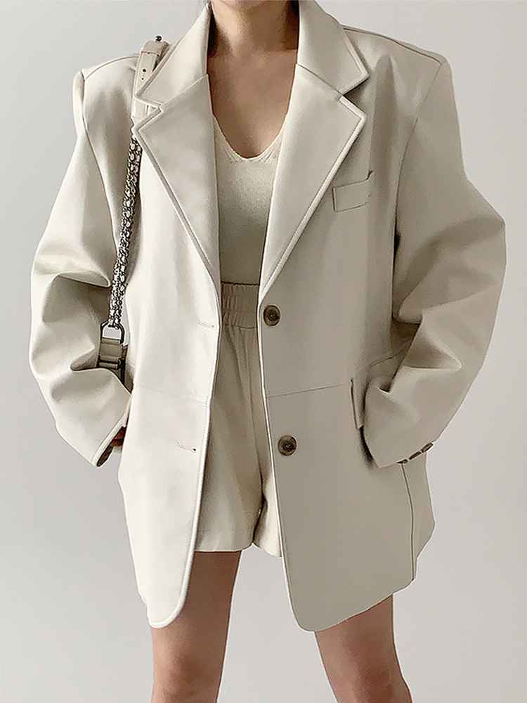 シックな秋冬ヴィンテージレジャー長袖 Pu レザージャケット女性の 2 ボタンスーツの襟アウターカジュアル多用途