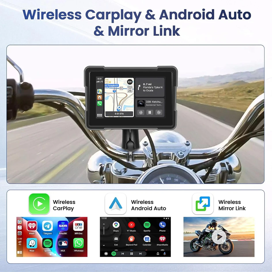 Jansite 5 "Carplay para motocicleta Radio Monitor pantalla táctil inalámbrico Android auto impermeable Moto Player Bluetooth Mirror-link