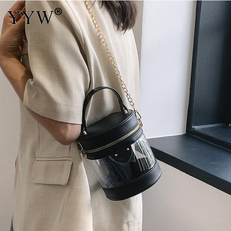 กระเป๋าถือแฟชั่นทรงกลมโปร่งใส PVC สำหรับผู้หญิงกระเป๋ากระเป๋าสายไหล่เดียวแบบมีซิปทำจากหนังนิ่มจุของได้เยอะสำหรับผู้หญิงฤดูร้อน