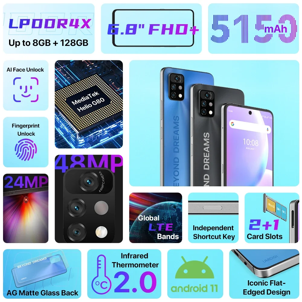 UMIDIGI A15 Tab Android 13 Планшет 8 + 8 ГБ ОЗУ 256 ГБ ПЗУ 11 дюймов 2K HD + дисплей 7500 мАч Мегабатарея 13 МП + 8 МП Камера 20 Вт Быстрая зарядка