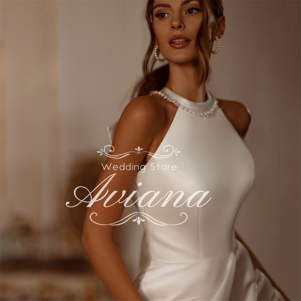 Aviana Angepasst Temperament Elegante Perlen Ärmelloses Hochzeit Kleid Frauen Hohe Schlitz Zurück Bogen A-Line Einfache Fleck Brautkleid
