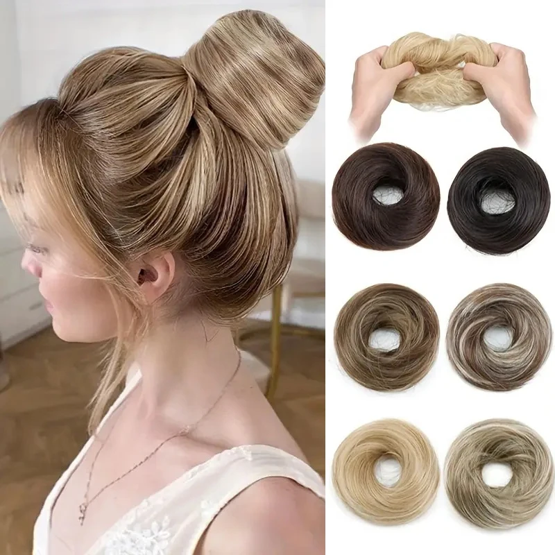 Moño de pelo sintético elegante y desordenado, banda de goma elástica, accesorios bonitos para el cabello, extensión de cabello para mujer