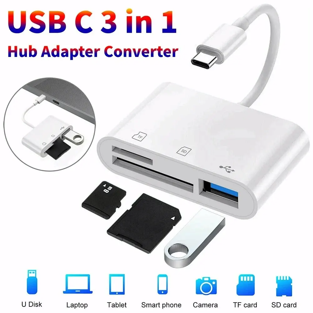 Adaptador 3 en 1 tipo C para lector de tarjetas de memoria TF CF SD Compatible con USB C Huawei Macbook Pro y otros dispositivos