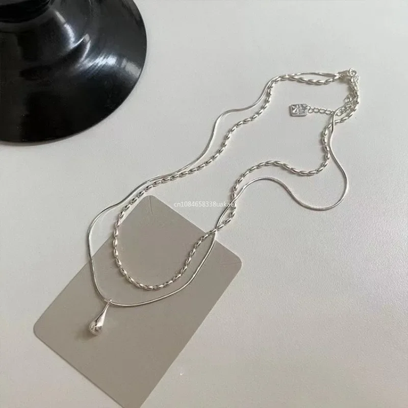 Collar con colgante de gota de diseño Simple de plata 2025 para mujer, cadena de doble cuello, joyería fina de moda, regalos, Collar de capas largas