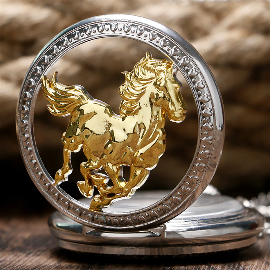 Hohle exquisite laufende goldene Pferd Quarz Taschenuhr mit Halskette Kette Geschenk für männliche Frauen Chronograph Hombre Uhren