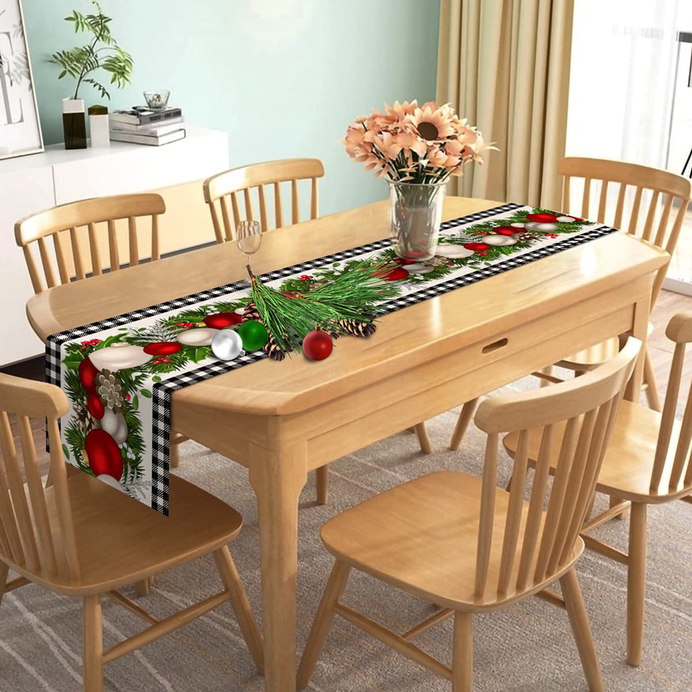 สีดําและสีขาว Gingham คริสต์มาสตาราง Runner ตรวจสอบคริสต์มาสตกแต่ง Holiday Home KITCHEN Decor