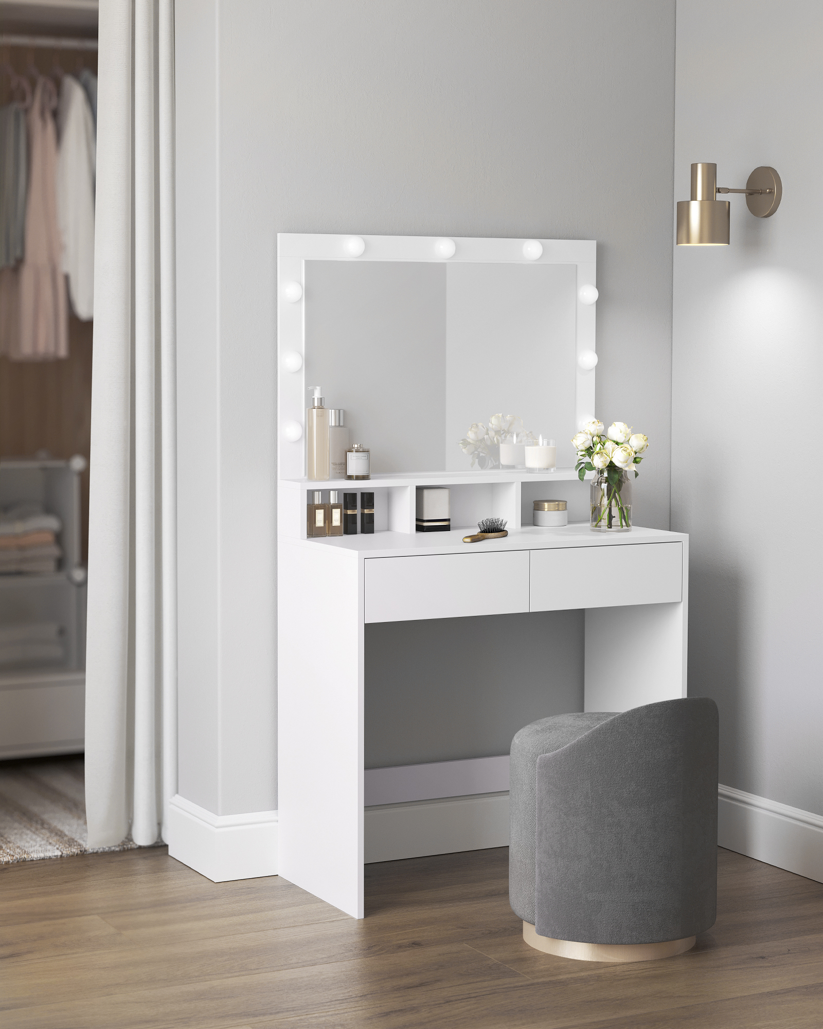 VASAGLE kaptafel, met LED-verlichting, instelbare helderheid, kaptafel met spiegel, make-uptafel met 2 laden