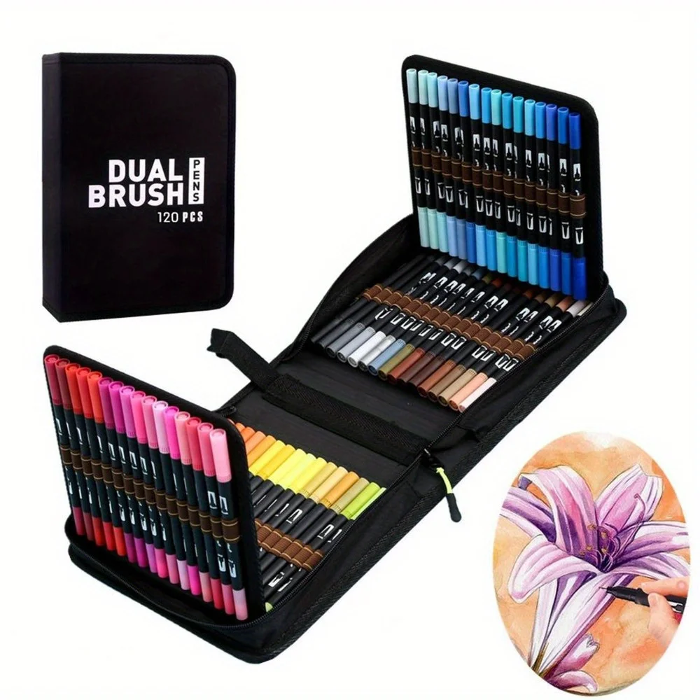 60/120 สี Dual Brush Tip Markers ชุด Double-headed Washable แปรงนุ่มปากกาสีดําแท่งและกระเป๋าผ้าแปรง & Fine Tip Marker