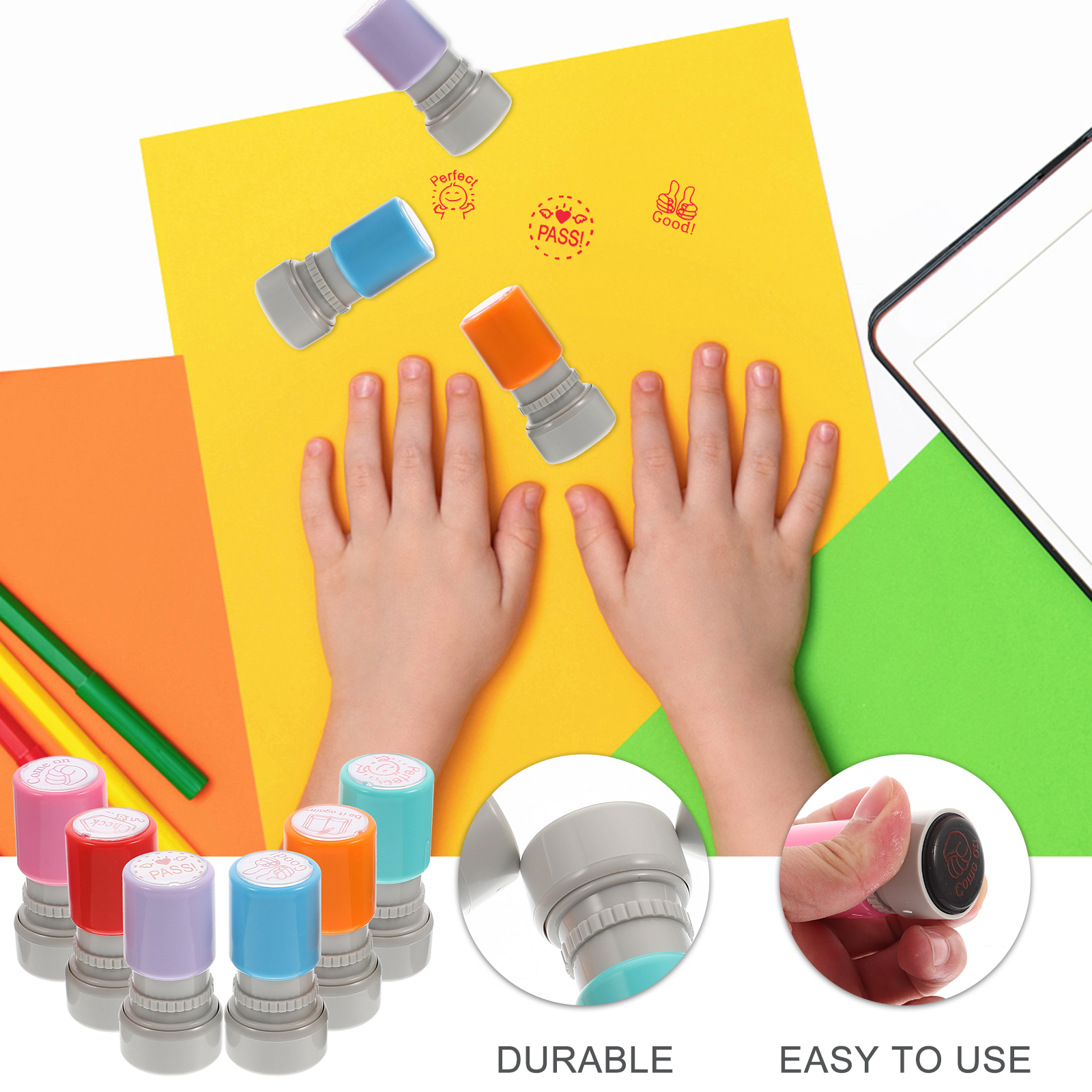 6 ชิ้นความคิดเห็นภาษาอังกฤษแสตมป์ครูการ์ตูนรางวัล Stampers ปลอดภัยเด็กการศึกษาโรงเรียนแบบพกพาสีสุ่ม