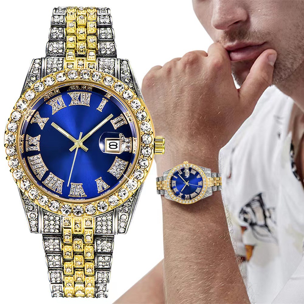 ผู้ชายหรูหรานาฬิกาคลาสสิก Golden Men สายคล้องคอโรมัน Rhinestone ปฏิทินควอตซ์นาฬิกาแฟชั่นนาฬิกาข้อมือชาย ...