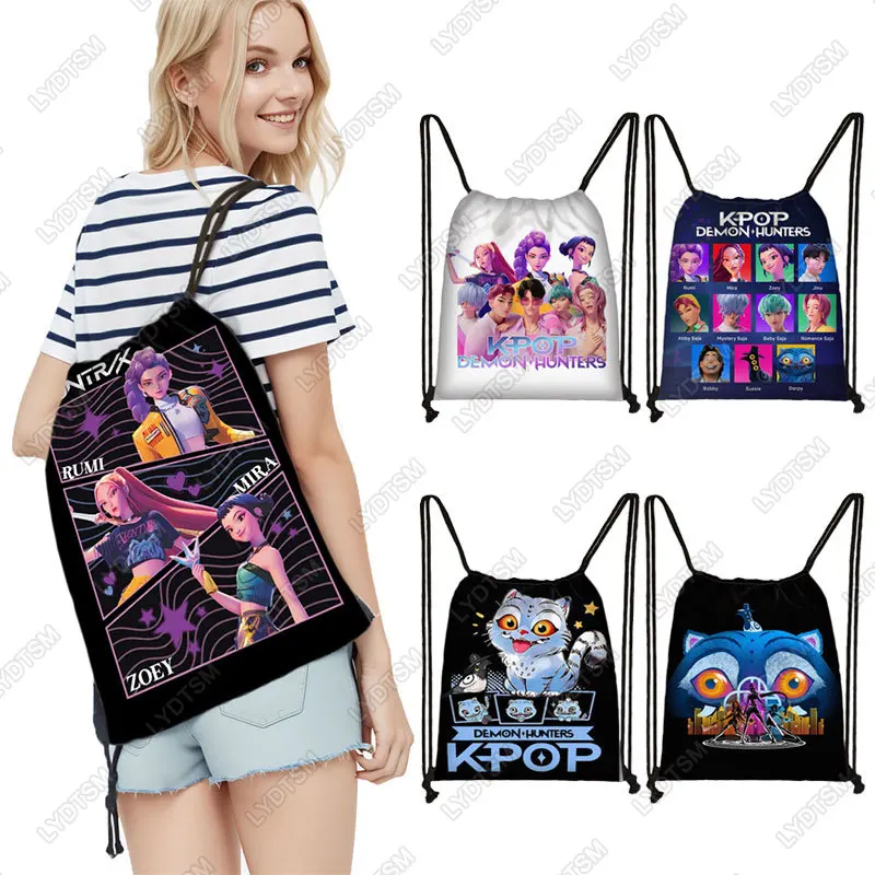 Mochila con patrón de cazadores de demonios de Anime Kpop para viaje Mira Rumi Zoey, bolsa con cordón, mochila Derpy Sussie, soporte para zapatos