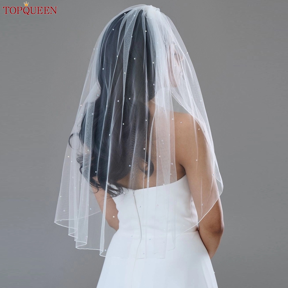 TOPQUEEN Короткая фата с жемчугом и бисером, свадебная фата для девичника, вуаль длиной до локтя с краем карандаша, 1-уровневая Novio V06