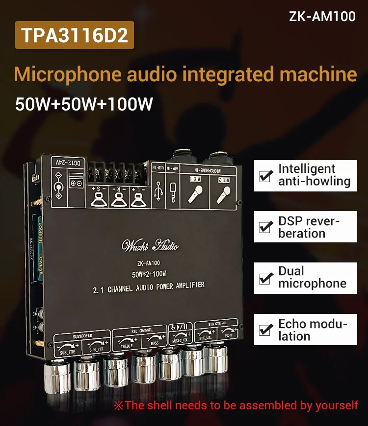 TPA3116D2 Amplificateur stéréo audio numérique Bluetooth 2.1 avec connexion microphone Caisson de basses 50 + 50 + 100 W AMP – ZK-AM100