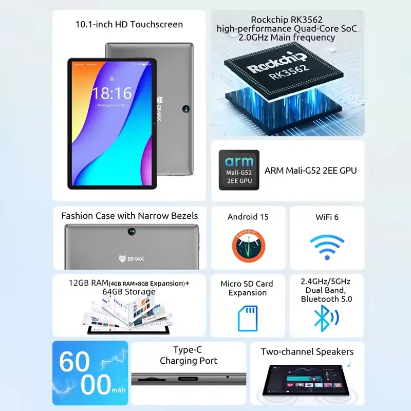 BMAX Kids Tablet I9 Plus Android 14 GPU G522EE 8GB RAM 64GB ROM 10.1 Inch Allwinner RK3562 Quad Core Poort Tabletten PC WIFI 6