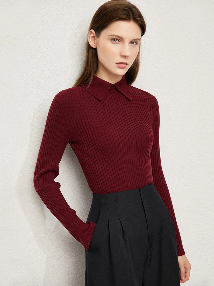Amii-suéter minimalista para mujer, blusa básica de punto a rayas con solapa, 2024, 12444058