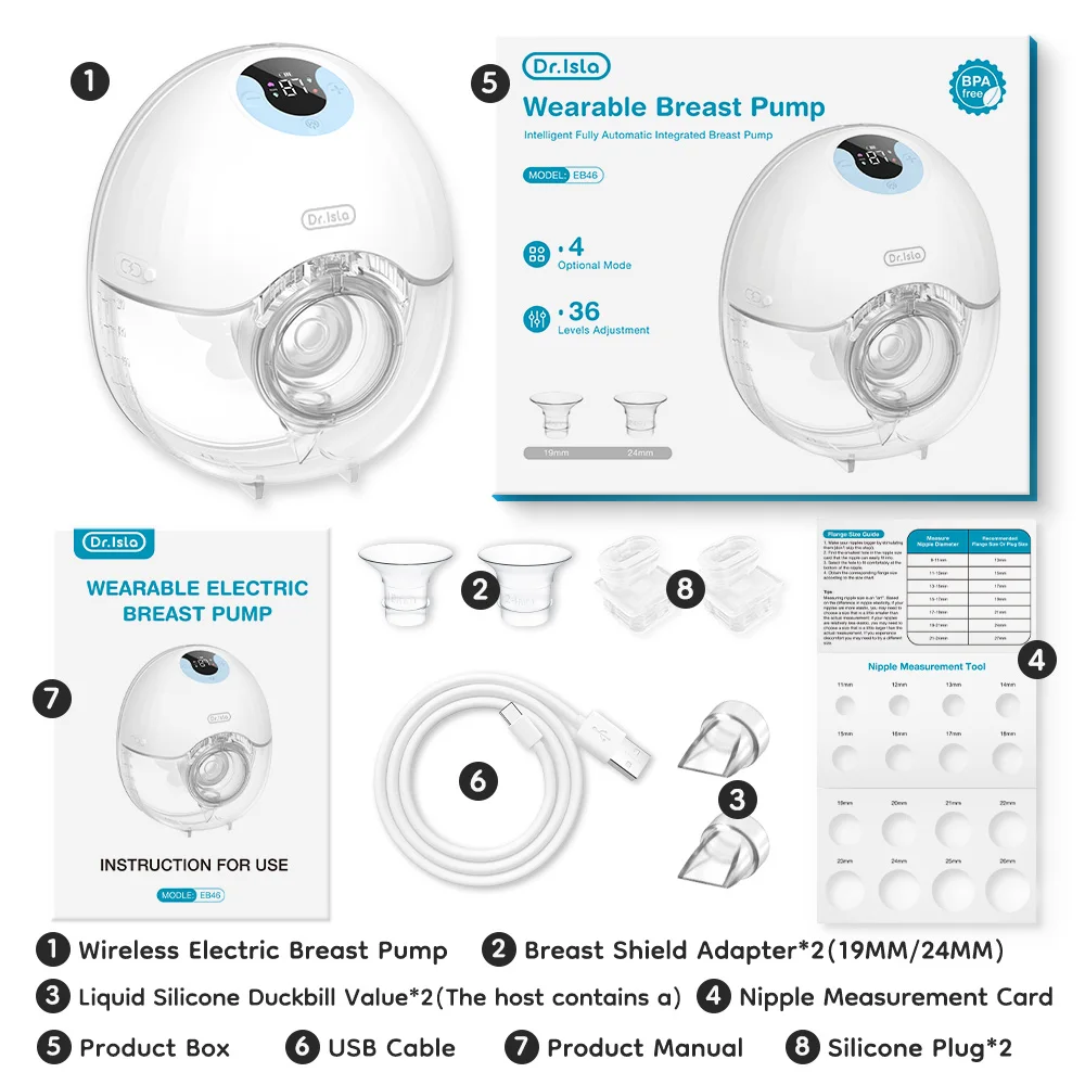 Tire-lait électrique portable, mains libres, collecteur de lait confortable, léger avec affichage LED, 4 modes et 36 niveaux