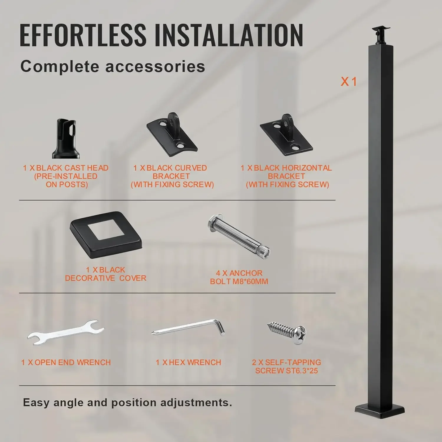 Cable Railing Post, 36" x 2" x 2" Steel Level Deck Railing Post Without Holes, SUS304 Stainless Steel Cable Rail Post
