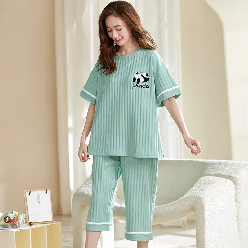 SUKAE-Conjunto de Pijamas para mujer, M-5XL de talla grande hasta la pantorrilla, ropa de dormir con cuello redondo, Pijamas informales cómodos Vintage de algodón para mujer