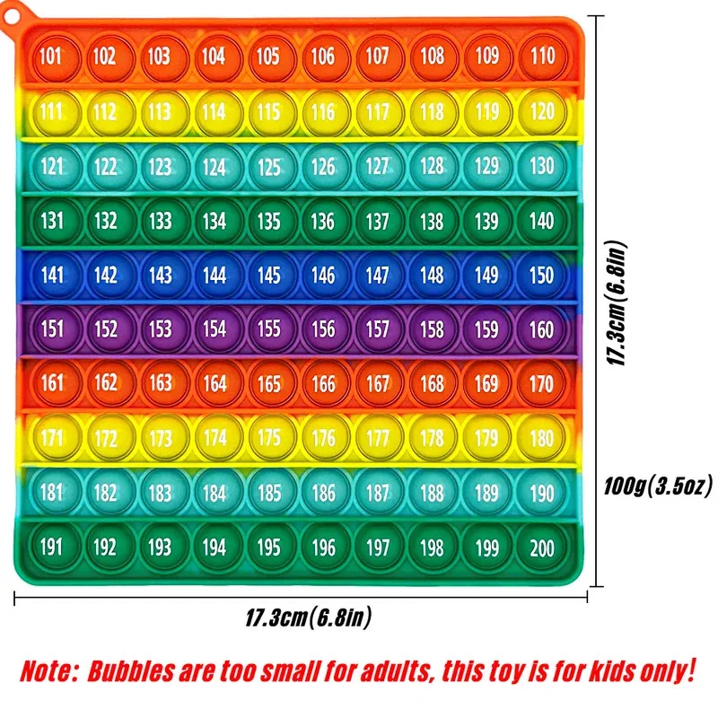 Rainbow Math Fidget Toy - 1-200 Counting Push Bubble Board, Silicone Educational Game for Preschool Kids